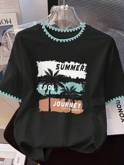 大码女式时尚T恤 - 柔软透气，适合春夏穿着，休闲、度假、日常穿着皆宜 - 大码女式常规印花T恤 黑色