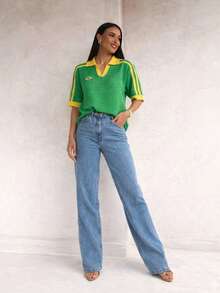 Women's Brazilian Openwork Knit Shirt With Retro Style Polo Neck - Green - Yellow - View 2