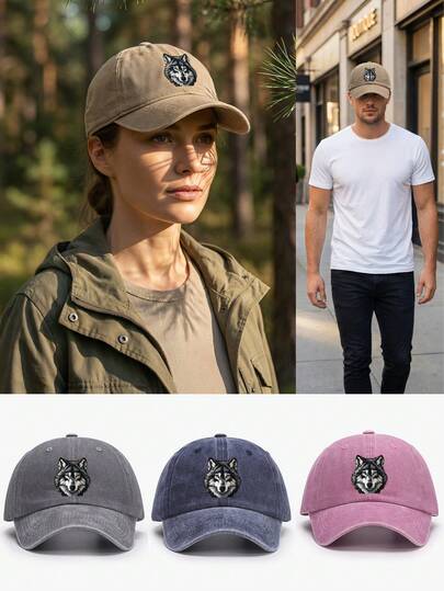 1pc Washed Snapback Cap With Wolf Head Design, Minimalist Casual Versatile Sunshade Hat, Suitable For Outdoor Sports, Adventure, Beach Vacation, Unisex