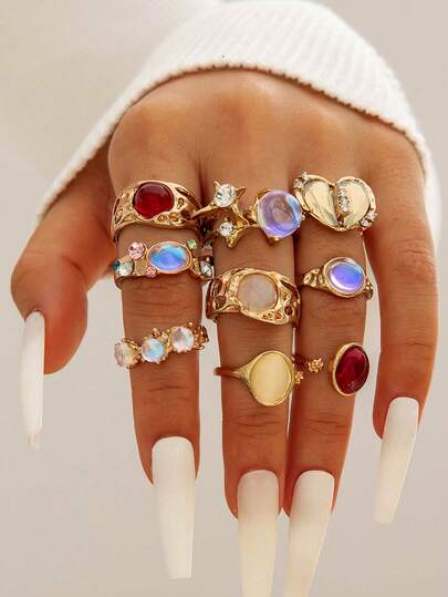 Set de 9 piezas de anillos geométricos con corazón y cuadrado de aleación de zinc con rhinestones, un hermoso regalo para uso diario de las mujeres