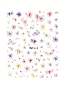 5D彩色仿真花朵美甲贴纸2片装，春夏花瓣叶子印花设计美甲贴花，自粘式美甲装饰，适合可爱优雅的日韩风美甲设计，女士和女孩DIY美甲 - 彩色 - 查看 4