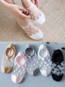 5双装女士甜美波点透明玻璃纤维隐形船袜，春夏款 - 彩色 - 查看 2