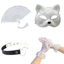 3/4件套角色扮演猫脸蕾丝半脸面具性感拍照道具套装，包含蕾丝扇子、蕾丝手套、心形项链，适合万圣节、婚礼、情人节、狂欢节和其他派对场合。 - 蕾絲 - 查看 10