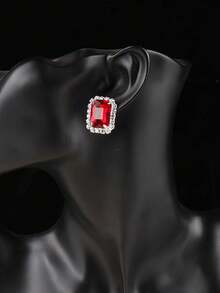 1 Đôi bông tai kẹp nữ bằng hợp kim đính đá màu hồng nhạt hình học. - Đỏ - Xem 4