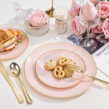 50/25/20/10/2pcs Pink Single Gold Rim Dinner Plates, Large Plate Size 10.25 Inches, Small Plate Size 7.5 Inches, Luxury High-End Tableware, Ideal For Family Gatherings, Birthday Parties, Outdoor Events, Holidays, Weddings And More. - Pink - View 7