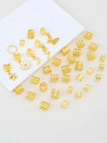 36pcs Bohemian Style Golden Braided Hair Accessories, Flower & Butterfly Metal Pendant Fashionable Hair Rings - Gold - View 3