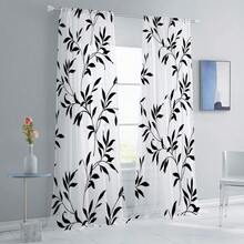 2片装黑白叶藤印花现代简约风格薄纱窗帘，100%涤纶面料，杆袋式设计，无衬里，90克/平方米，幅宽180厘米，适用于卧室、客厅、餐厅和浴室。 - 彩色 - 查看 8