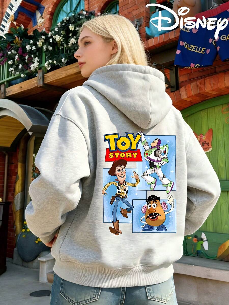Disney Toy Story Print Women's Winter Hooded Sweater, Paris Street Style Loose Casual Long-Sleeved Sweatshirt - Xám - Xem 1