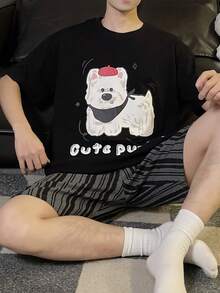 男士卡通图案短袖短裤睡衣套装（2件套），透气夏季休闲家居服 - 黑色 - 查看 4