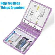 Portadocumentos para Registro e  de Automóvil, Organizador de Guantera de Cuero para Tarjetas y Documentos de Vehículo, Accesorios Esenciales para Compartimento de Auto y Camión, Información Esencial, Tarjetas de Licencia de Conducir, Azul Oscuro - Estilo básico corto + purpurina morada - Ver 3