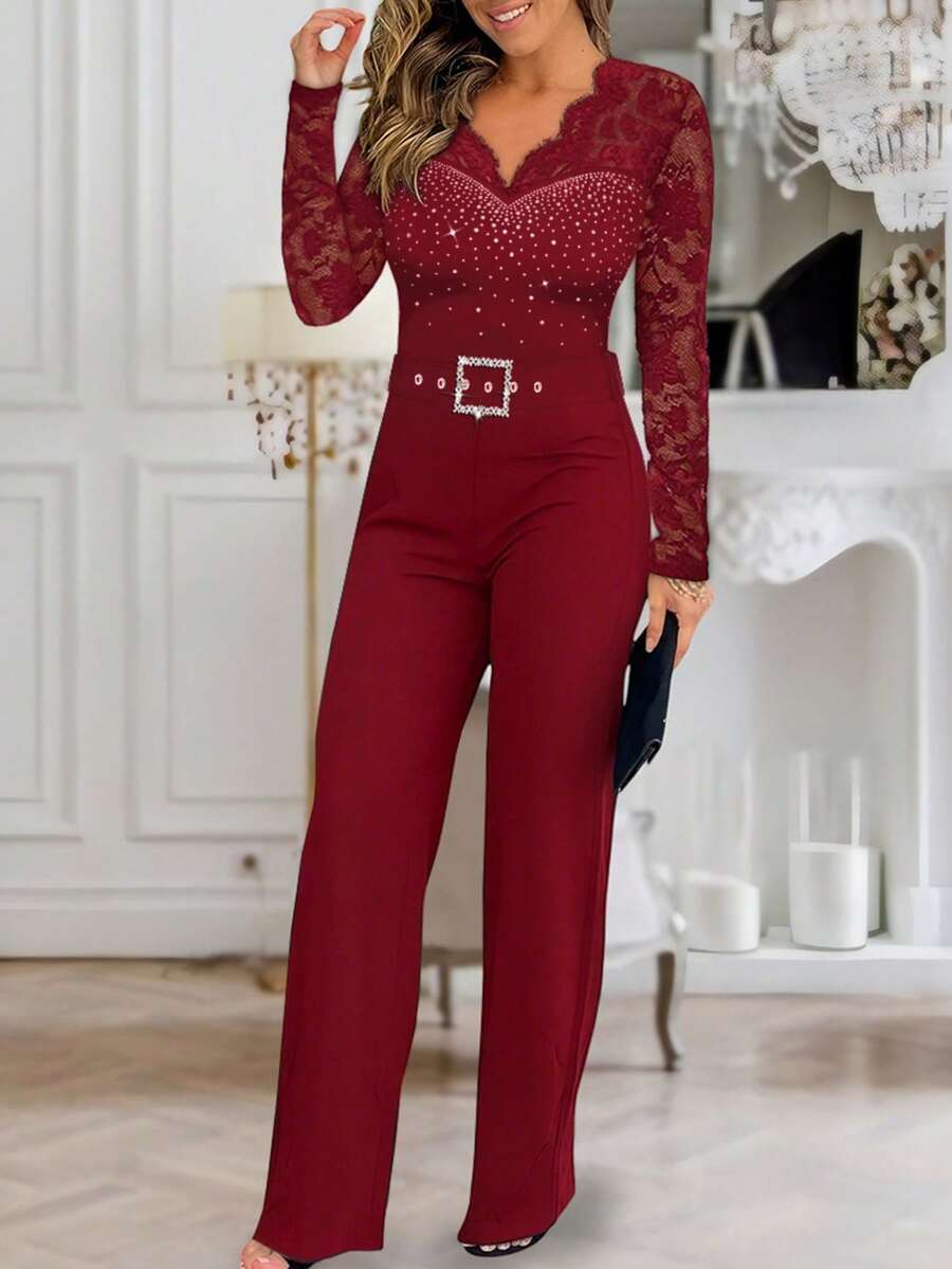 ChicMe 女士水钻贝壳边饰深V领蕾丝拼接连体裤，高腰拉链后背直筒裤型，优雅派对鸡尾酒会春季礼服