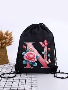 1pc Summer New Floral & Letter Outdoor Sports Bag, Football Backpack, Basketball Backpack, Boys & Girls Sports Bag, Hiking Backpack, Large Capacity Lightweight Drawstring Bag - Black - View 37