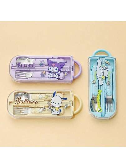 Miniso Sanrio 3Pcs Portable Cutlery Set, Stainless Steel Flatware Portable Reusable Cutlery Set Travel Utensils Set With Case,For Camping And Office