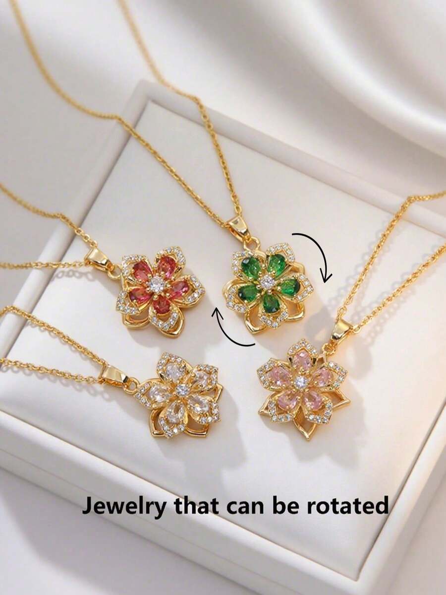 钛钢镀金锆石红芽花项链，旋转减压项链，奢华优雅圣诞新年饰品，适合婚礼、浪漫礼物、日常搭配 - 彩色 - 查看 1