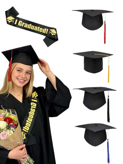 طقم قبعة التخرج، قبعة تخرج سوداء مزينة بحرف ذهبي لامع، شراشيب قبعة التخرج، مناسبة لحفل تخرج الجامعة والمدرسة الثانوية