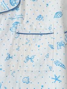 女士两件套睡衣，贝壳印花翻领纽扣上衣和蝴蝶结短裤，家居服和休闲服 - 白色 - 查看 5