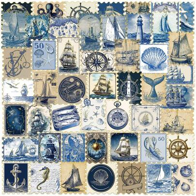 50张复古蓝色航海主题烫金PET贴纸，适用于瓶子、剪贴簿、行李箱、头盔等DIY装饰贴纸