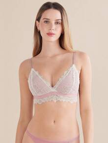 Maggie French Romantic Lace Lingerie, Pink & White Contrast Lace Wireless Triangle Cup Bra - Pink - View 3