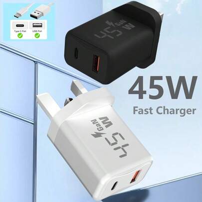 شاحن حائطي سريع USB C، 45 واط 2 منفذ من النوع C شواحن سريعة، شواحن طاقة PD مع محول شاحن USB QC 3.0 للهواتف 17/16/15/14/13/12 برو ماكس، متوافق مع سامسونج جالاكسي S25