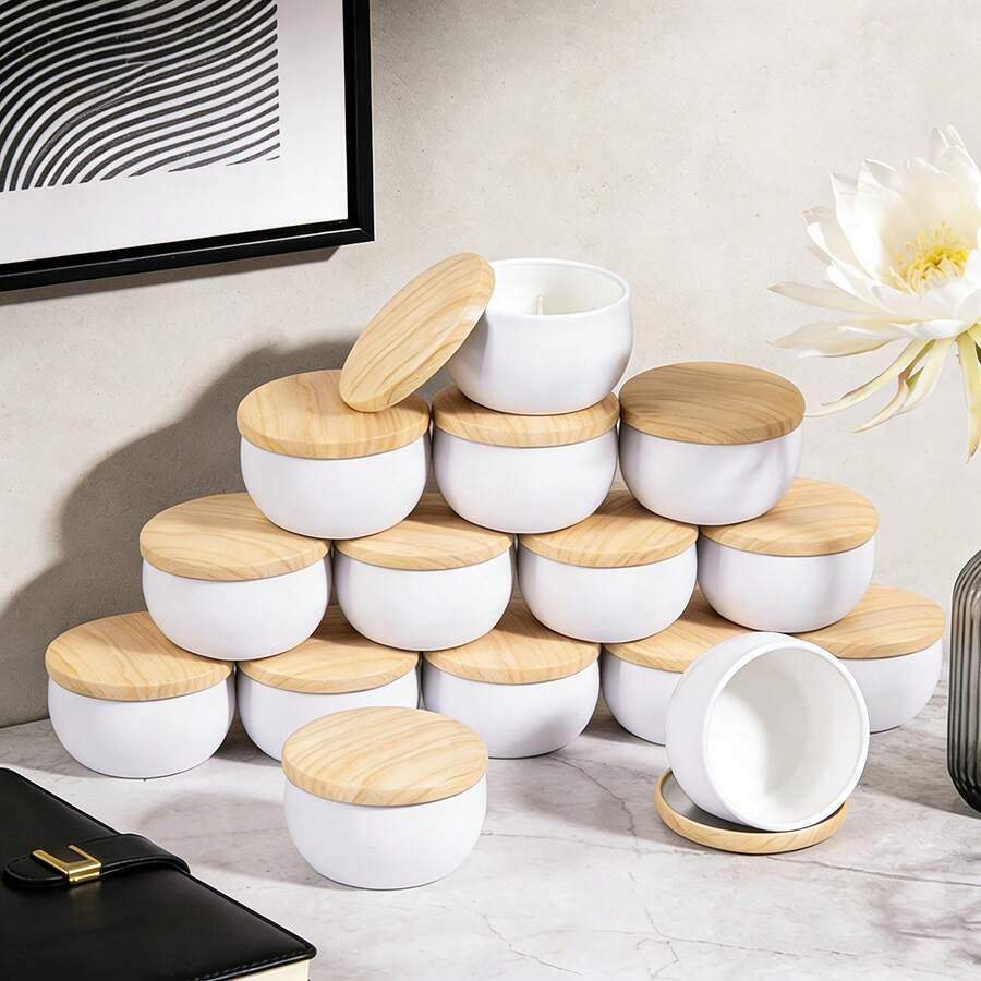 6个白色圆形空蜡烛罐套装，带木盖，DIY香薰蜡烛用品，小物件收纳，婚礼生日派对装饰，送朋友的礼物