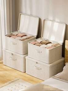 Zippered Storage Box With Handle, Foldable Covered Household Cube Basket, Wardrobe Clothes Storage Container - Beige - View 10