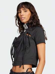 女士蝴蝶结短款上衣短袖T恤针织圆领TJX2537 - 黑色 - 查看 5