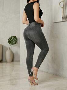 Jeans pitillo de talle alto para mujer, pantalones vaqueros de denim elástico lavado en negro y gris con doble botón, casuales para primavera - Negro - Ver 2