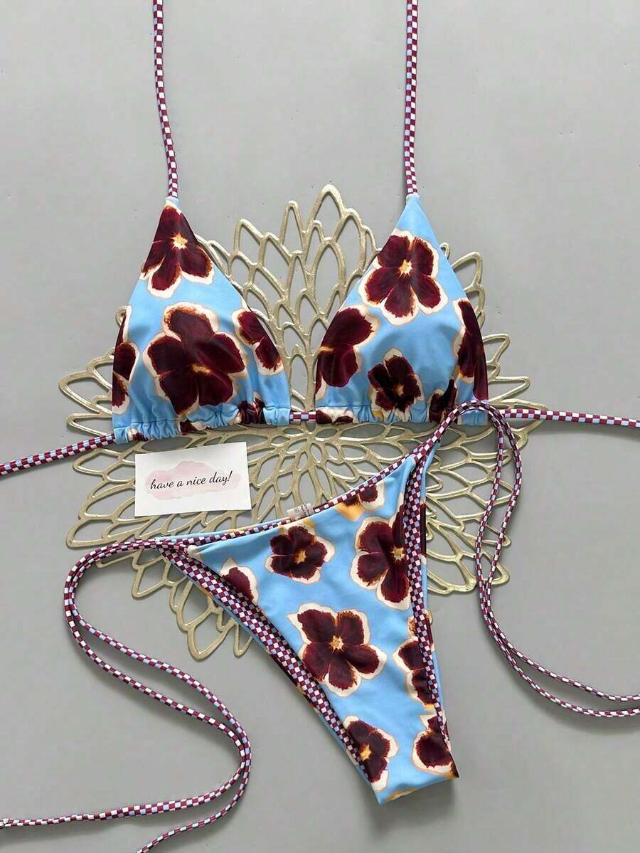 2pcs Retro Floral Colorblock Plaid Print Personalized Women Bikini Swimwear, Suitable Beach, Pool, Cruise, Party In Spring And Summer - 天藍色和紫色 - 查看 1