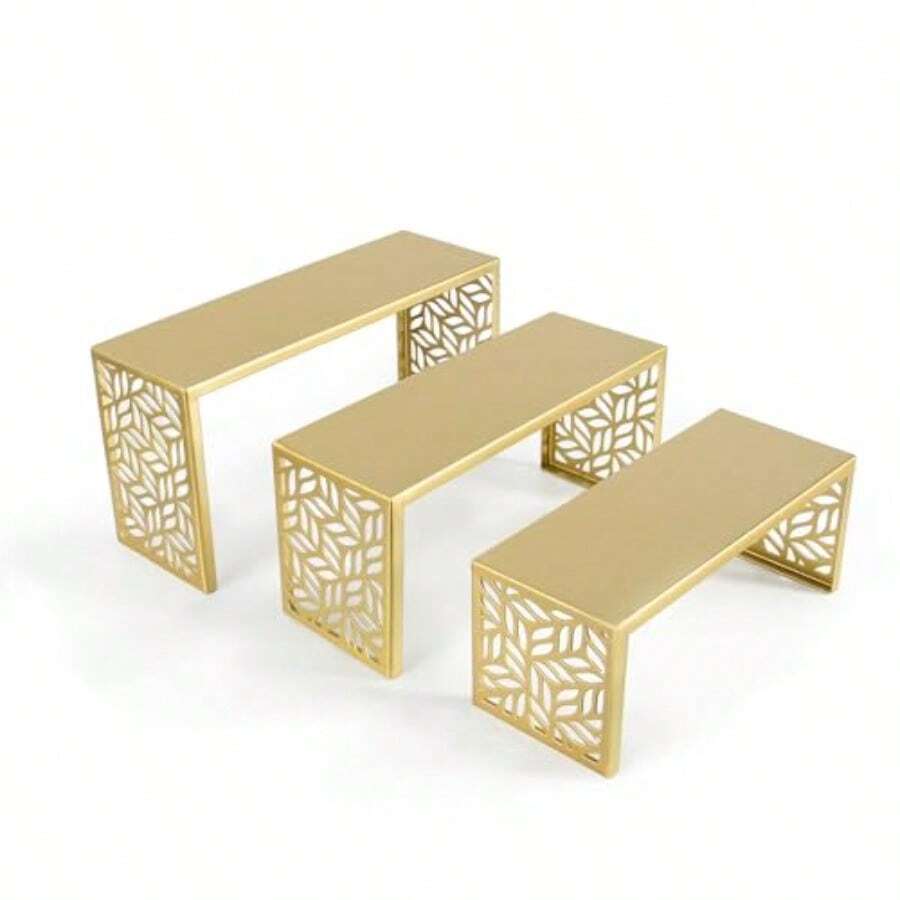 Aimto - Elevadores de exhibición de metal dorado de 3 niveles soporte de exhibición para bolso de perfume bolso zapatos joyas magdalenas postres y figura Amiibo  POP - Ascensores de exposición de metal dorado - Ver 1