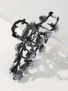 1个亮面锌合金复古风格雾蓝色山茶花发爪夹，高端优雅玫瑰发爪发饰 - 黑色 - 查看 7