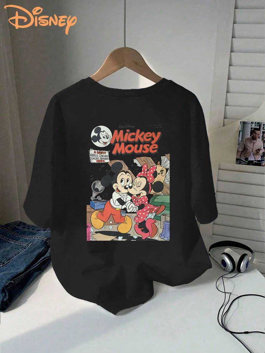 Disney Mickey Mouse Comic Print V-Neck T-Shirt, Casual Short Sleeve Top For Women, Spring/Summer Collection, Officially Licensed, Perfect Gift Idea, Casual Wear | Playful Design | Graphic Tee - Noir - Voir 1