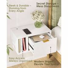 Mesita de noche flotante, mesa de noche flotante de pared con cajón de almacenamiento y estante abierto, mesita de noche moderna para dormitorio, 19.3 pulgadas x 11.4 pulgadas x 10 pulgadas, blanco - Blanco - Ver 4