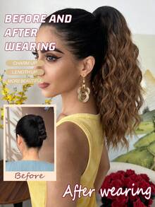 Claw Shaped Ponytail Extension Hair Accessory Brown Gold Burgundy Gradient Brown 16 Inch Long Wave Heat-Resistant Fiber Synthetic Ponytail Wig, Suitable For Women's Parties And Daily Use - Black Brown - View 5