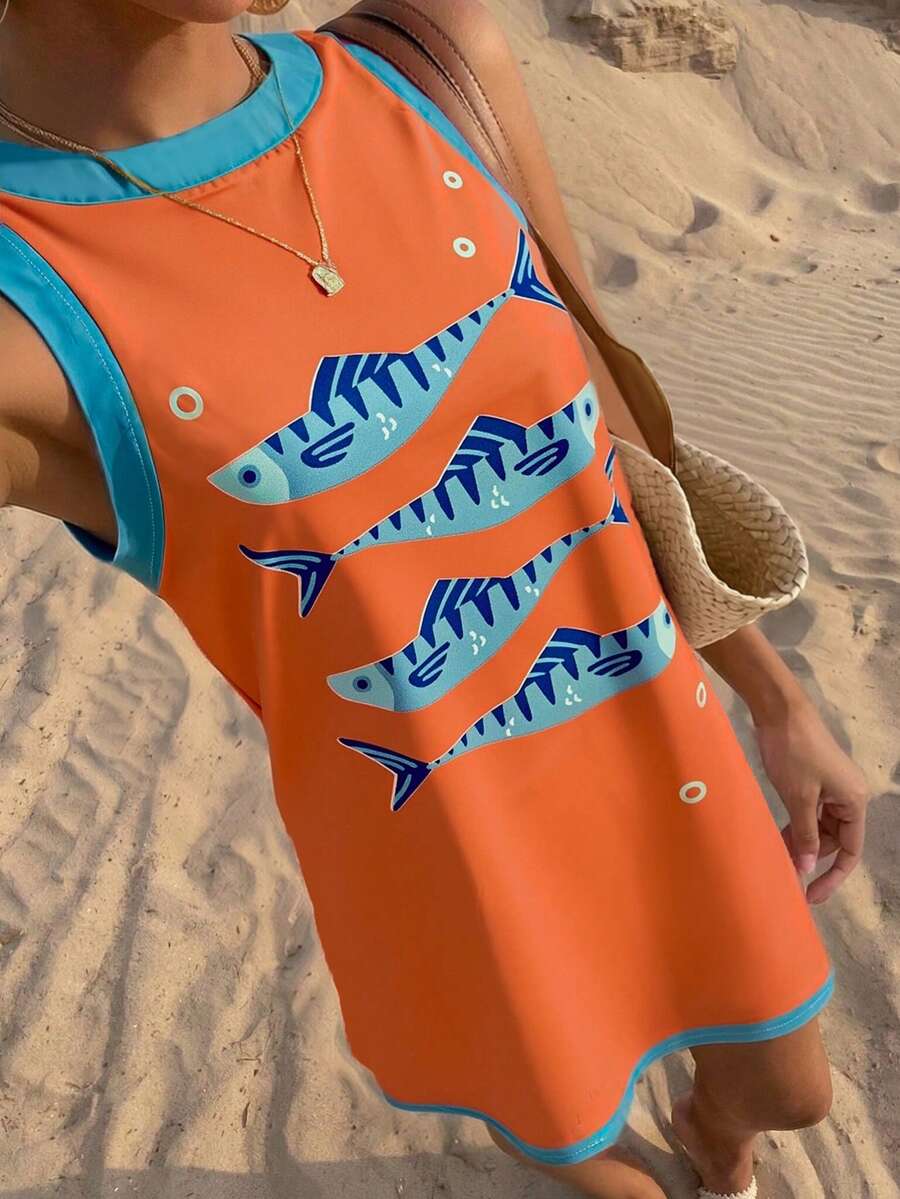 2026春夏女装鱼纹印花撞色滚边无袖迷你连衣裙，意式夏季休闲度假沙滩裙，宽松A字短款连衣裙，优雅女款
