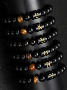 Vòng tay nam bằng đá mã não đen mắt hổ, kiểu bện, mặt dây chuyền 26 chữ cái, trang sức khắc tên riêng, quà tặng sinh nhật. - Nhiều màu - Xem 6