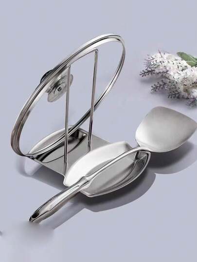 1 pieza Estante para tapa de olla de acero inoxidable, estante de almacenamiento para tapa de olla de pie, sin necesidad de perforar, soporte para tapa de olla de drenaje