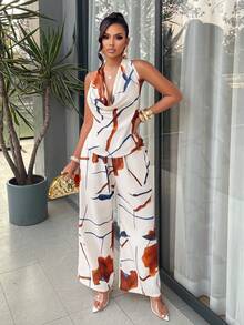 AIJ Amarilo Women's Apricot Brown Abstract Print Elegant Sexy Backless Lace Up Halter Cowl Neck Wide Leg Pants Two Pieces Set Summer Spring Beach Party Vacation Night Out Wedding Guest Spring Break Festival Season Summer Co-Ord Matching Outfits - Apricot Color - View 3