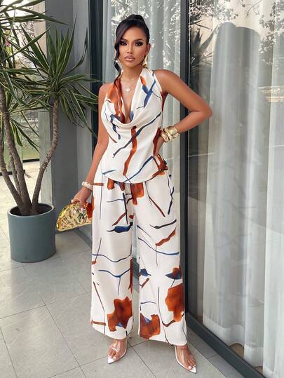 AIJ Amarilo Women's Apricot Brown Abstract Print Elegant Sexy Backless Lace Up Halter Cowl Neck Wide Leg Pants Two Pieces Set Summer Spring Beach Party Vacation Night Out Wedding Guest Spring Break Festival Season Summer Co-Ord Matching Outfits