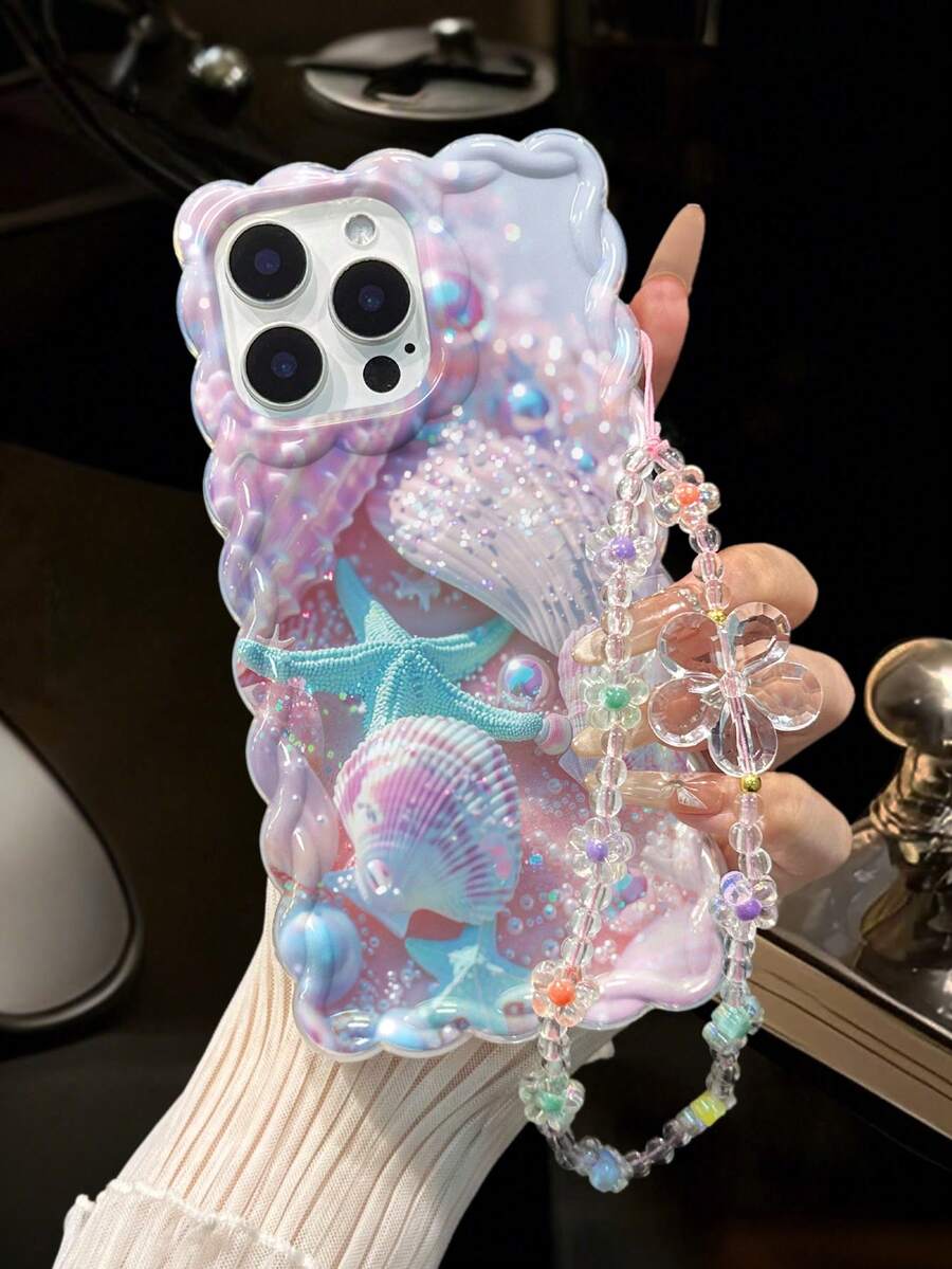 海洋海星彩绘编织波浪边透明保护壳,兼容 17/17 Pro/17 Pro Max、16/16 Pro/16 Pro Max/16 Plus、14、15、XS、XR、7/8、7P/8P,欧美风格,印花,防震,可爱设计 - 彩色 - 查看 1