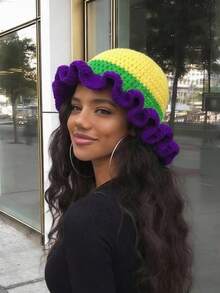 1pc Women's Y2K Style Handmade Crochet Ruffled Knit Hat, Hollow Out Knitted Bucket Hat, Suitable For Daily Wear, Photography, Party, Picnic, Outdoor, Autumn/Winter, Valentine's Day - A - View 16