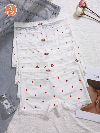 4 piezas/paquete Bragas románticas con estampado para mujer, diseño de aplicación de encaje