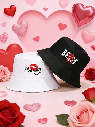 2pcs/1pc Unisex Bucket Hats Letter Printing Casual Packable Hats For Men Women Summer Beach Outdoor Travel Cap Valentine's Day Gift Hat