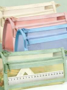 1pc Transparent Double-Layer Large Capacity Pencil Case, Exam Use, New Minimalist High-Value Mesh Stationery Organizer - Mesh Pencil Case - View 1