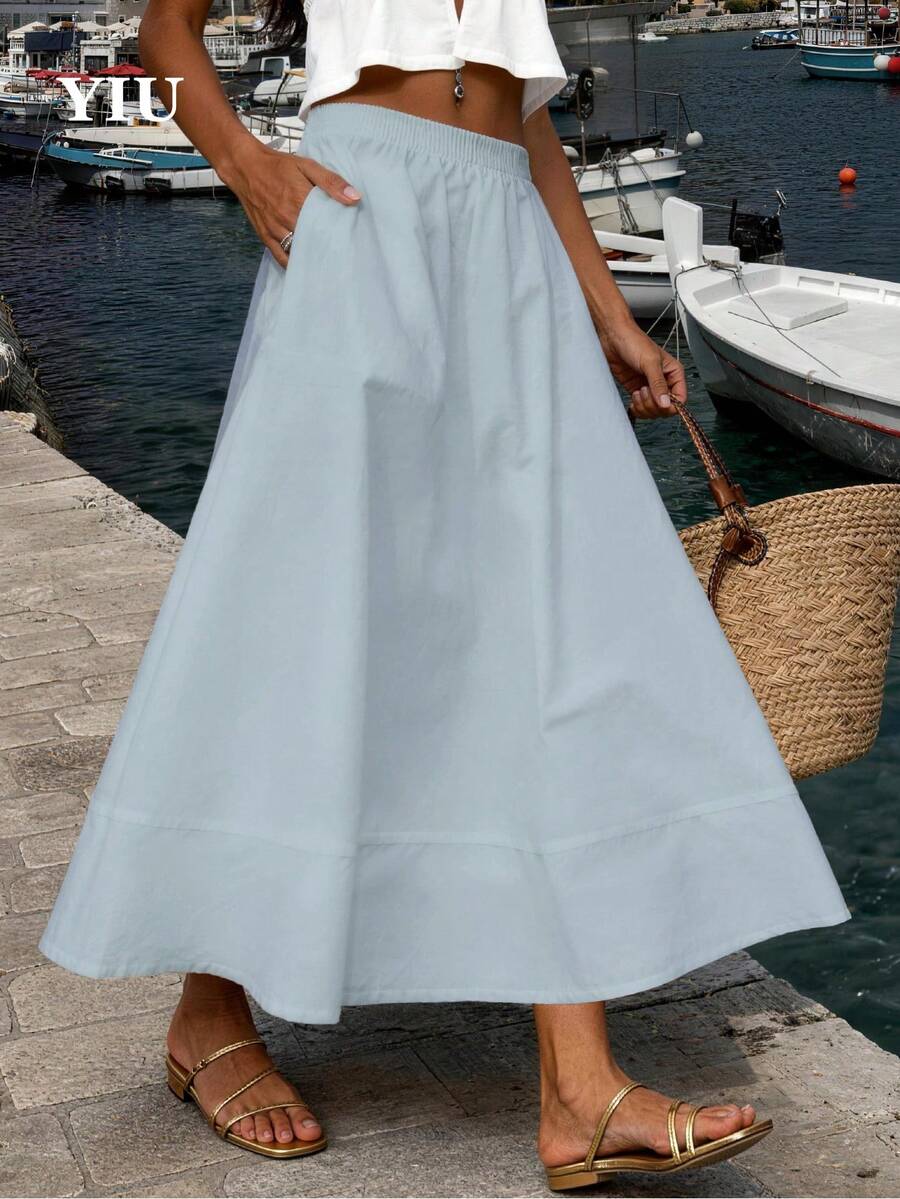 YIU Women's Blue Umbrella-Shaped Minimalist Elegant Long Dress, With Pockets, Suitable For Daily Casual, Vacation, Office, Travel, Dating Wear
