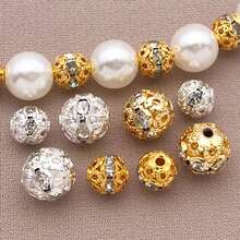 10颗6/8毫米精美镂空圆形隔珠，镀18K金，厚实银色，饰有水晶——非常适合新娘、婚礼和DIY珠宝 - 彩色 - 查看 8