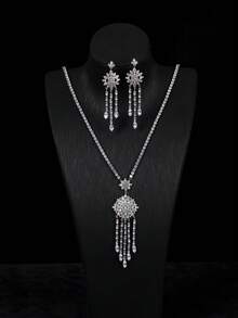 1 Set Women's Wedding Wear Fashion Luxury Tassel Zirconia Earrings, Long Necklace, Jewelry Set, Suitable For Women's Daily, Party, Banquet, Wedding, Birthday Gift, Holiday Gift - earrings necklace set - View 1