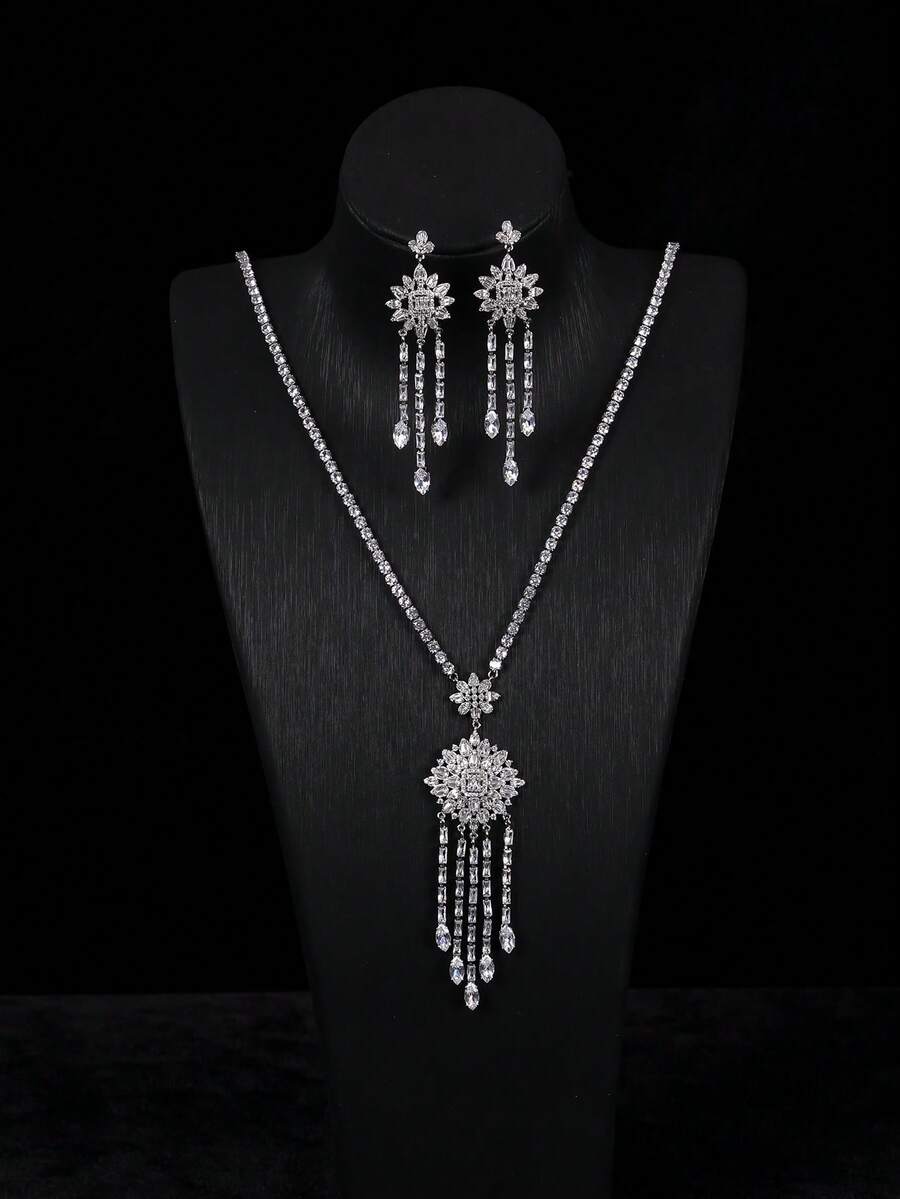 1 Set Women's Wedding Wear Fashion Luxury Tassel Zirconia Earrings, Long Necklace, Jewelry Set, Suitable For Women's Daily, Party, Banquet, Wedding, Birthday Gift, Holiday Gift - earrings necklace set - View 1