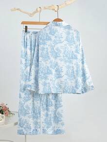2件套女士印花休闲翻领长袖睡衣套装，家居服 - 霧霾藍 - 查看 3