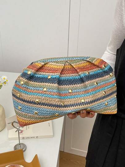 1pc Colorful Woven Straw Clutch Bag With Metal Snap Closure, Fashionable Casual Minimalist Chic Design, Suitable For Women Daily Use