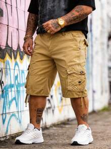 Plus Size Men's Cargo Shorts 100% Cotton Washed Multi Pockets Solid Color Casual Outdoor Work Hiking Camping Daily Wear Comfy Durable Streetwear Fashion Summer Essential Above For Men Teen Boys Male All Match Bottoms - 卡其色 - 查看 2